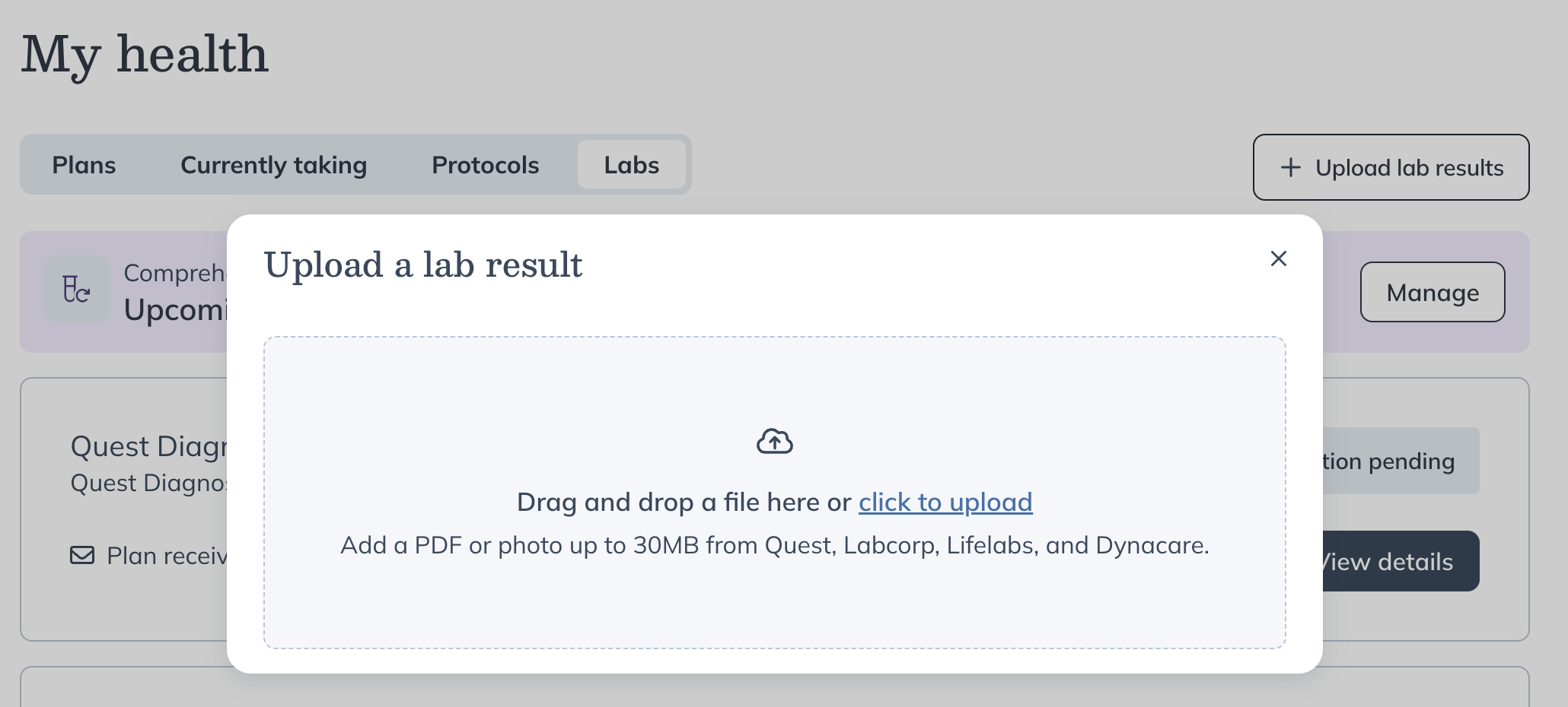 The Upload lab results window showing supported file types and drag-and-drop upload options.